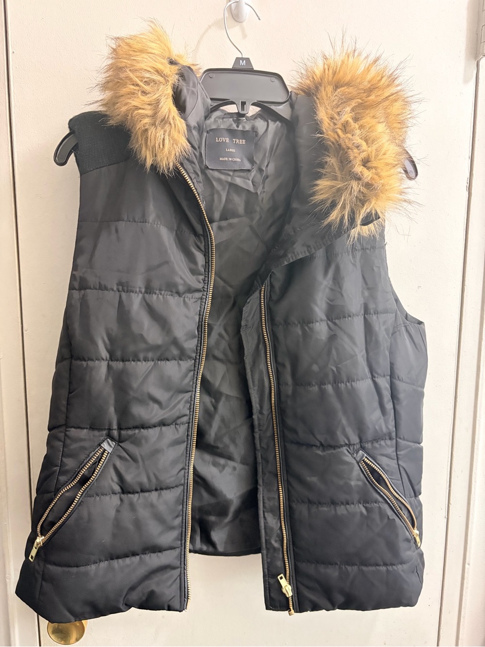 Love Tree Black Quilted Vest with Faux Fur Hood Trim